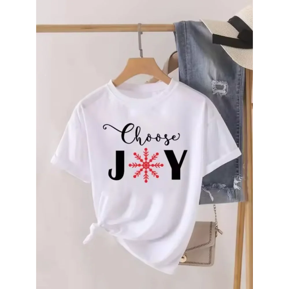 Women Choose Joy Letter Snowflake Print T‑Shirt Casual Crew Neck Short Sleeve Christmas Holiday Positive Graphic Ladies Tee