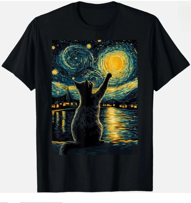 Aesthetic Starry Night Cat Graphic T Shirt Retro Black Cat Art Design Short-sleeved Tee Casual Streetwear Top for Men and Women