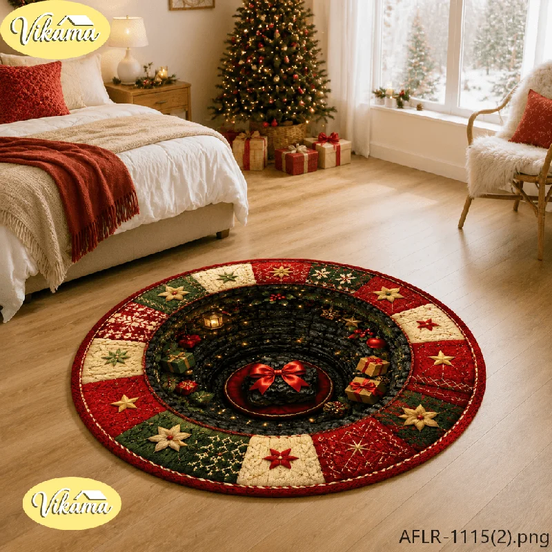 VIKAMA Round Christmas Rug Stars Flowers Gifts Bows 3D Print, Soft Plush Flannel Mat for Living Room Home Holiday Decor