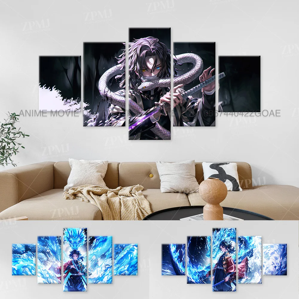 

5Pcs Anime Wall Art Canvas Painting Picture Print Home Decor Demon Slayer Iguro Obanai Character Posters Room Frameless Mural