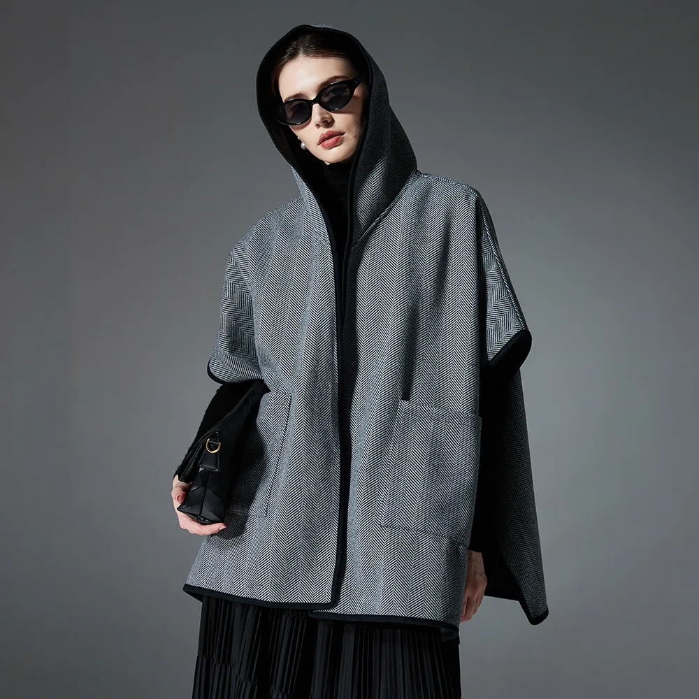 

Double-Sided Woolen ey Coat with Hat Autumn Winter New Sle Cross-Border Superior Goods awl Cowl Ne Wrap Polyester Fiber