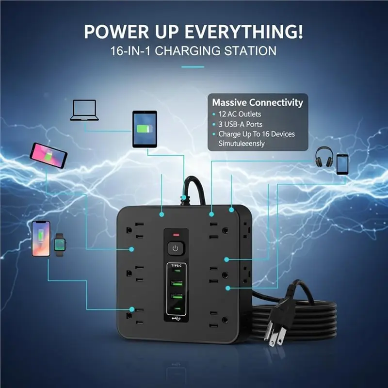 【PUBLICITY】Power Strip-12 AC Outlets& 2 USB-C, 2 USB-A US Plug- 16-In-1 With Switch& Surge Protection, 6.6FT Flat Plug Design