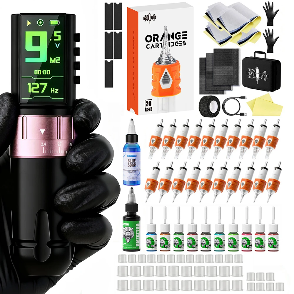 DM Venom Tattoo-Maschinen-Set, kabellose Tattoo-Maschine mit einstellbarem Hub, 2300 mAh Farbbildschirm-Akku mit Tattoo-Tinte/Nadel