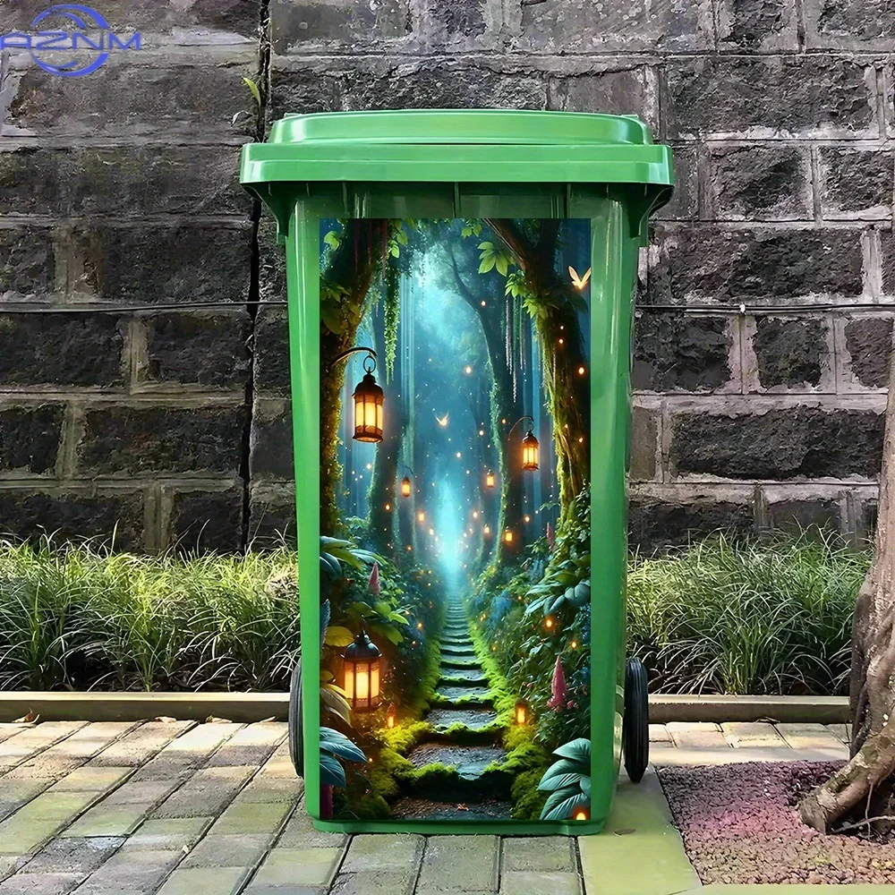 1pc Enchanted Forest Path with Mossy Steps & Glowing Lanterns - Waterproof PVC Sticker for Home Decor, DIY Mural, Trash Can Ar