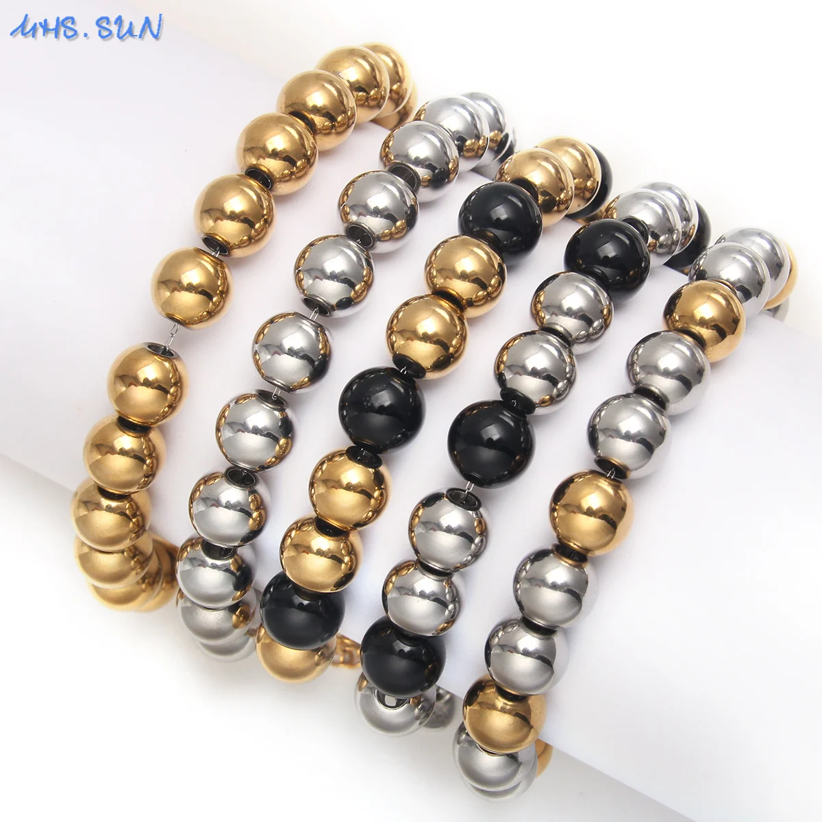 MHS.SUN Waterproof Smooth Beads Bracelet Adjustable Gold Silver Color Stainless Steel Round Balls Bracelets Unisex Party Jewelry