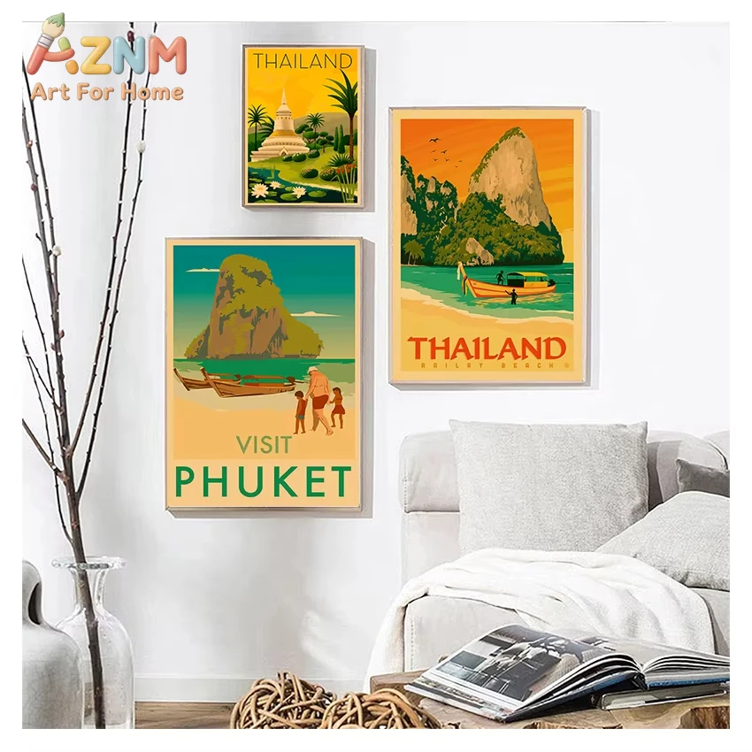 

1/3pcs Travel Canvas Paintings Vintage Wall Pictures Kraft Posters Coated Stickers Home Decor Gift Visit Phuket Islands Thailand