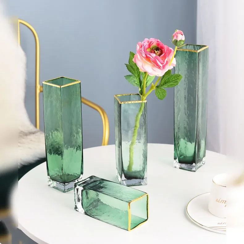 Square Light Green Translucent Glass Vase Decorative Ornaments Desktop Hydroponic Flower Arrangement Container Decor Vases