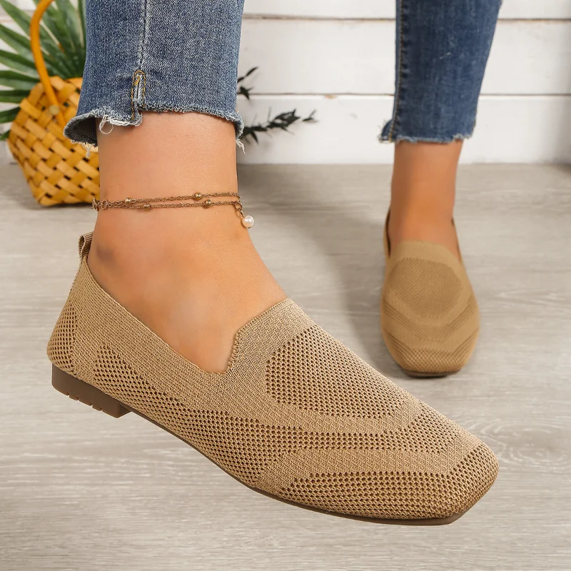 Women's Breathable Mesh Flats Autumn New Fashion Square Toe Slip on Walking Shoes for Women Light Office Ladies Casual Shoes