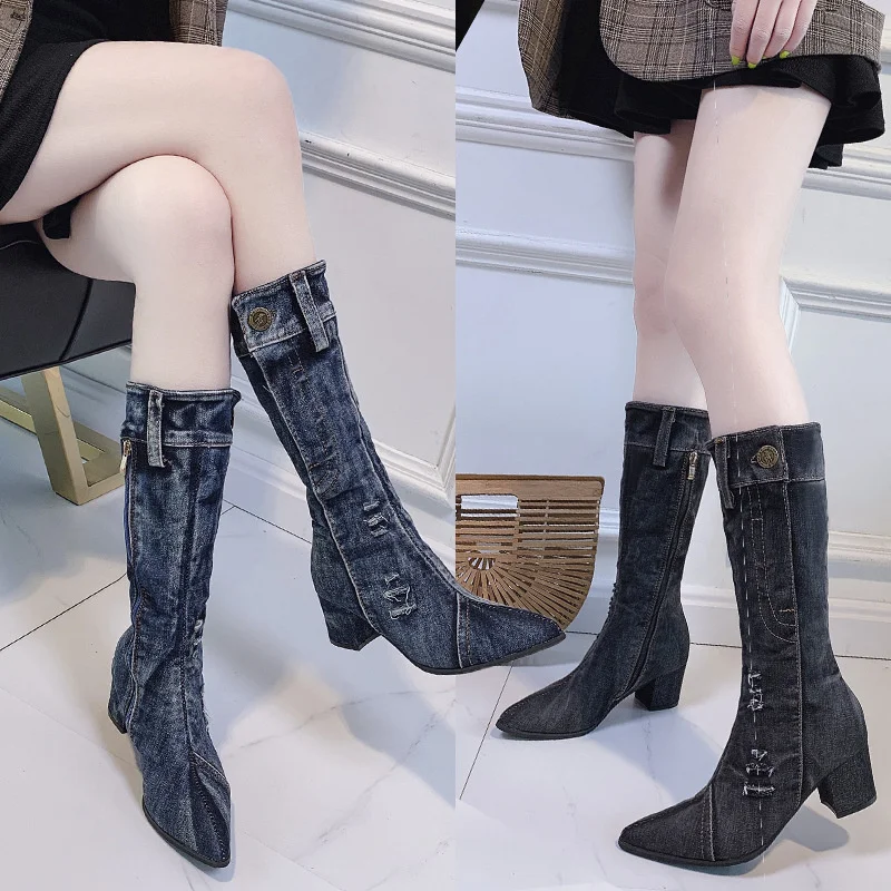 

2023 Women Chunky Denim Mid-Calf Boots Block High Heels Boots Winter Fashion Cowboy Western Boots Thick Heels Shoes