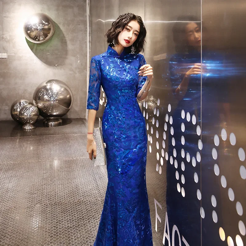 

Lace Mermaid Chinese Style Lady Cheongsam Long Tight Elegant Dress Big Size 3XL Vestidso Vintage Red Bride Wedding Qipao