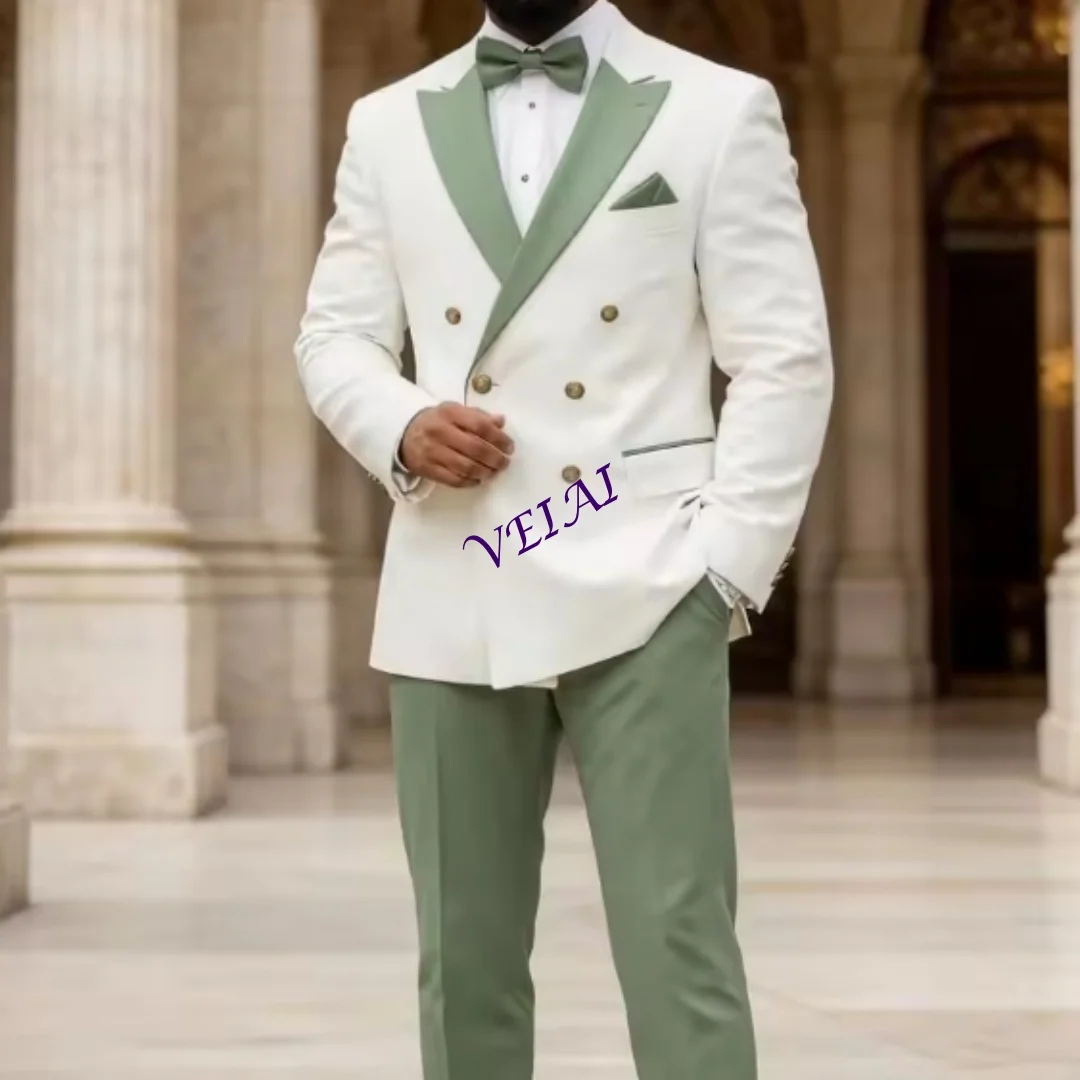 Customized Men's Slim Fit Double Breasted Tuxedo Wedding Suit with Contrast Color Lapel And Pocket Trim White Orange