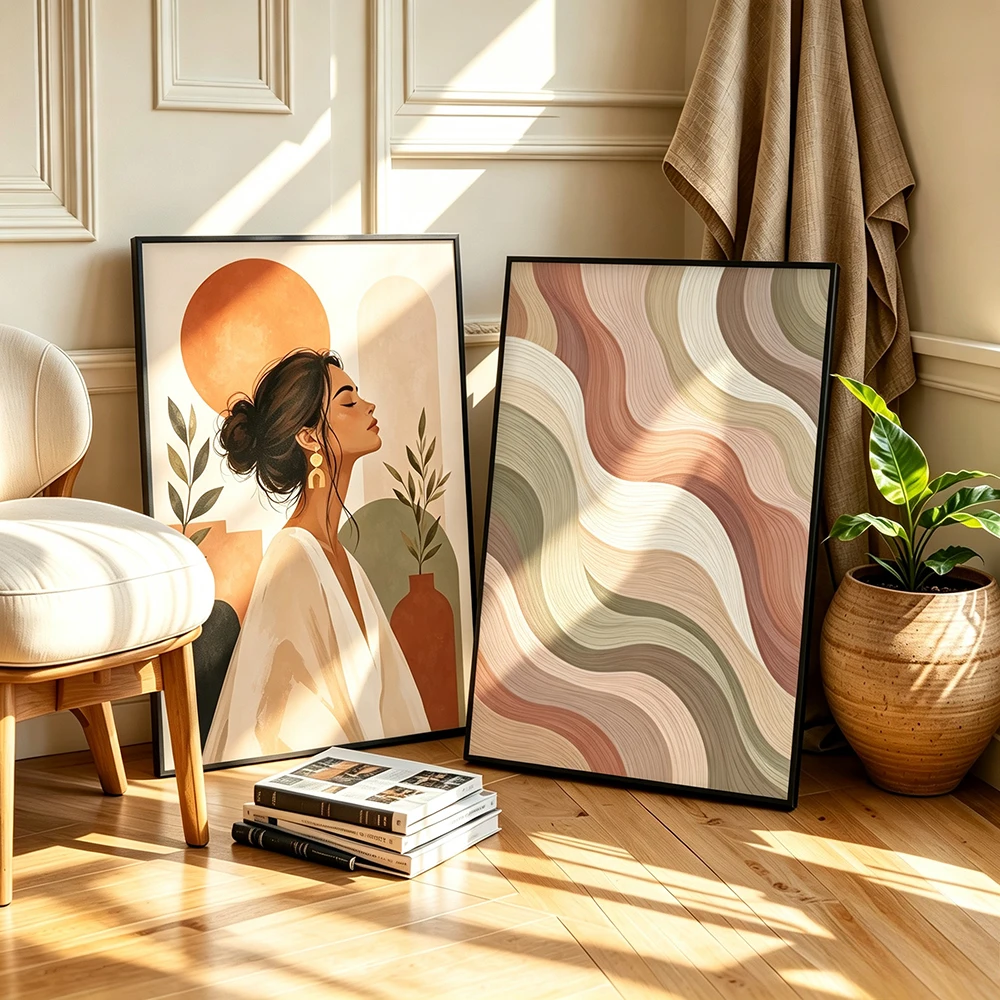 Bohemian Style Female Figure Prints Terracotta-Colored Artistic Posters Natural Floral Canvas Painting Living Room Wall Decor