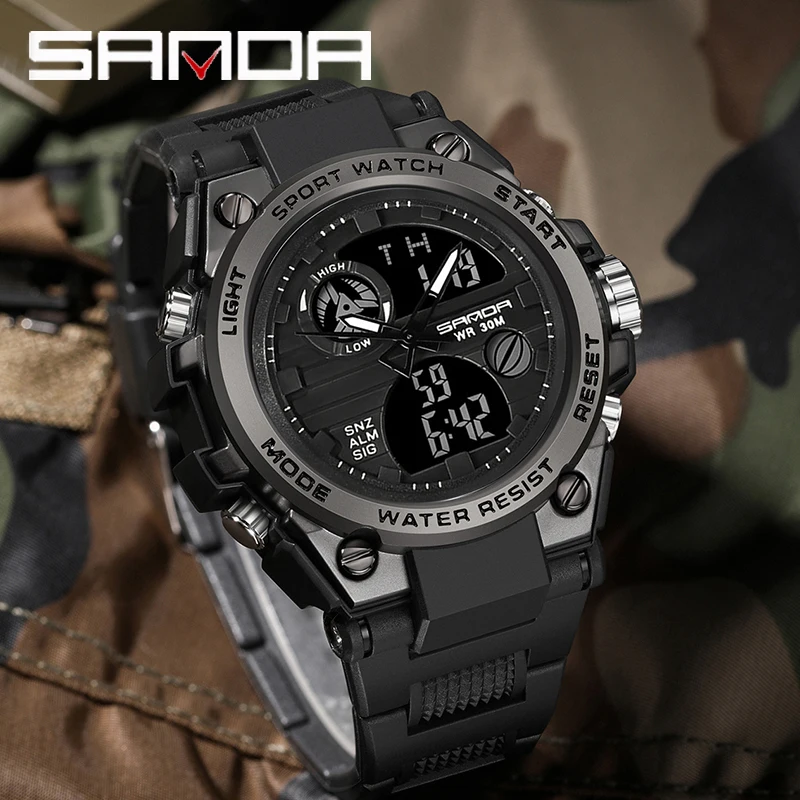 SANDA G Style Men Watch Military Outdoor Sports Watches Waterproof LED Digital Electronic Wristwatch Quartz Double Display Clock