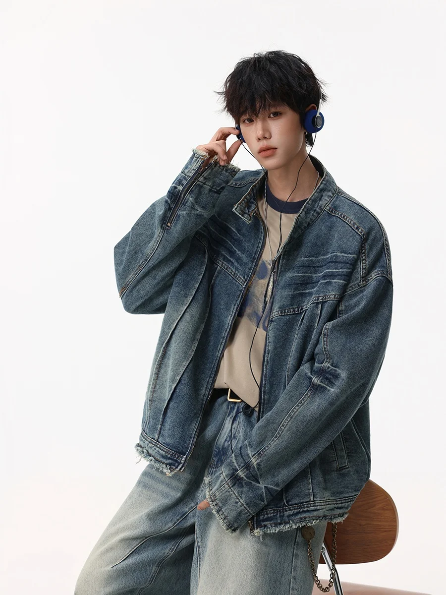 

Джинсовая куртка Boyue Waed в винтажном стиле, с воротником-стойкой, в стиле мотоциклетной и деконструктированной уличной моды, молодежная верхняя одежда для мужчин и женщин