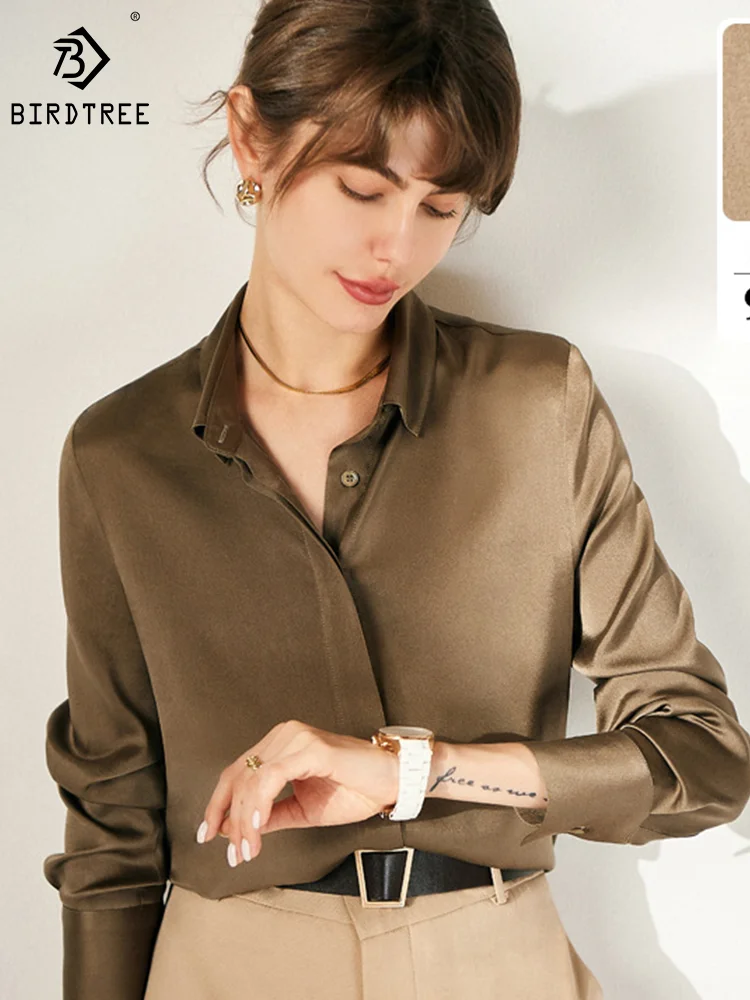 

Birdtree 19MM 93% Mulberry Silk 7% Spandex Shirts Turn Down Collar Solid Long Sleeve Blouses 2023 Spring Autumn Office T34404M