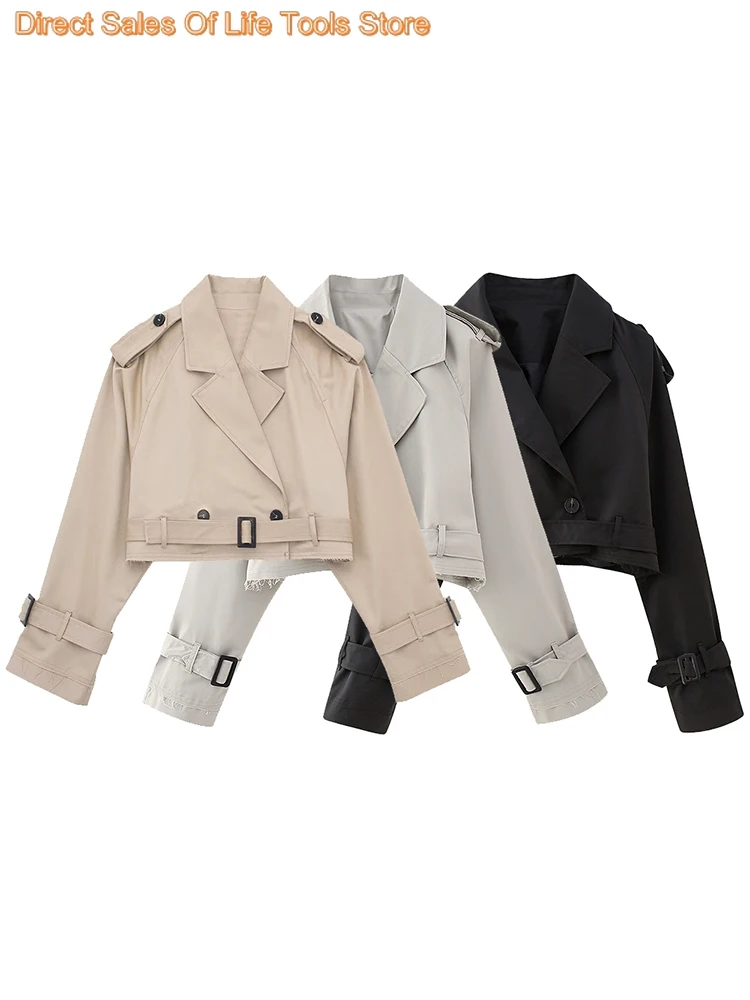 Women Fashion With Belt Cropped Trench Jacket Vintage Notched Neck Long Sleeve Female Chic Lady Coat Outfits