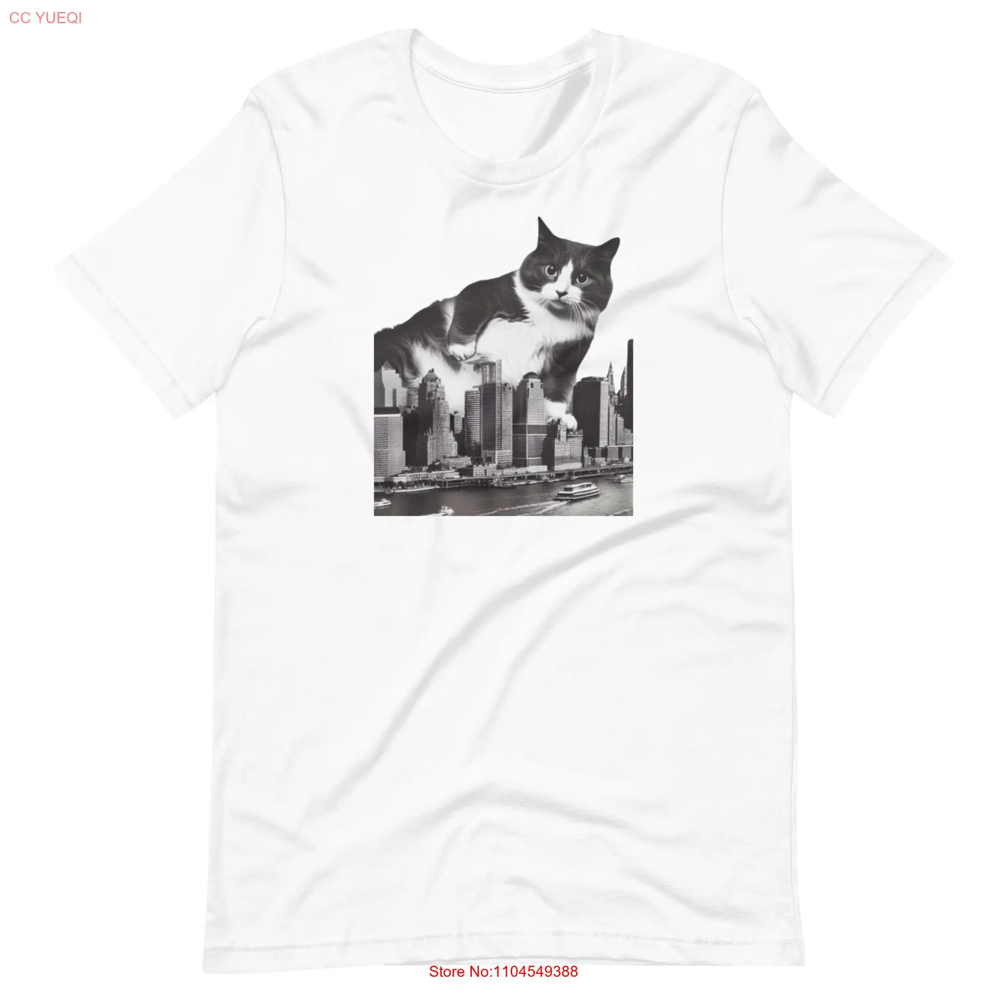 Divertida camiseta de gato de esmoquin NYC de gran tamaño en New York Skyline diseño blanco y negro amante único mangas largas o cortas