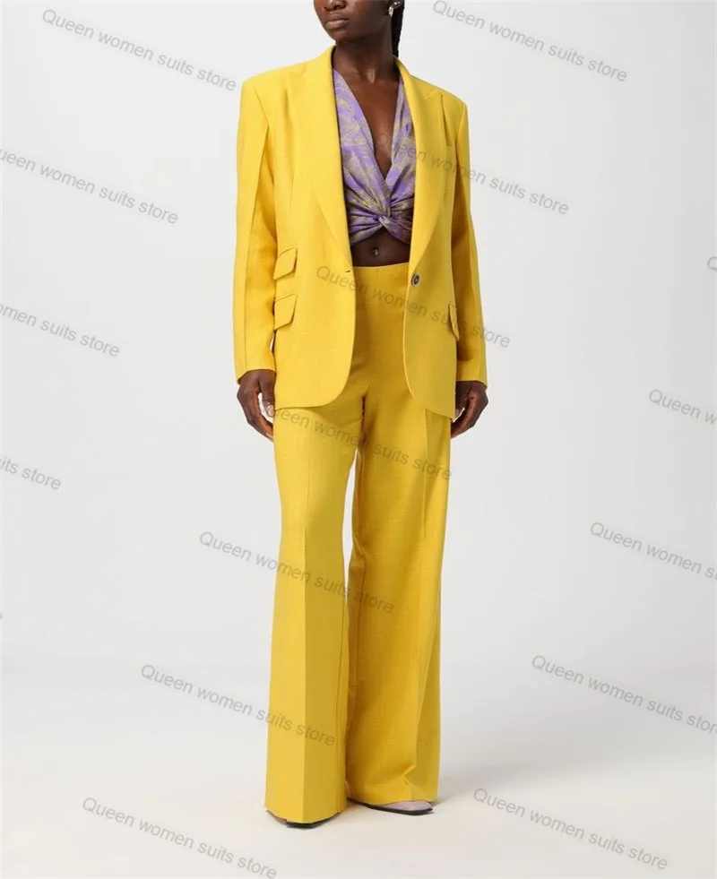 yellow-2-piece-women-suits-pants-set-blazer-trousers-formal-office-lady-coat-custom-made-autumn-fall-cotton-wedding-prom-jacket