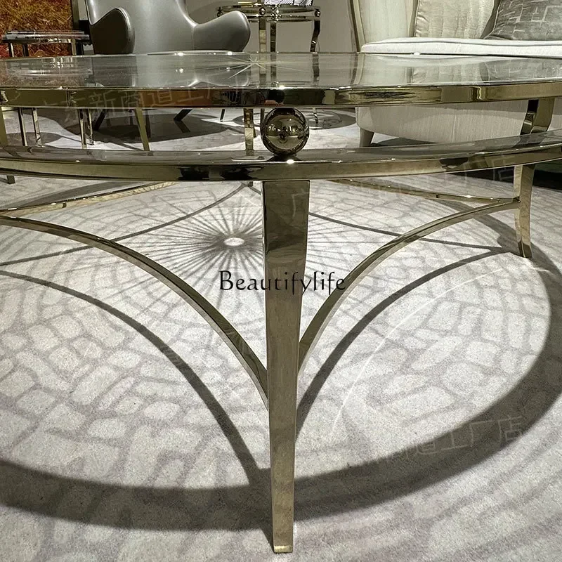 LS 04 طاولة قهوة أمريكية فاخرة خفيفة لغرفة المعيشة طاولة شاي مستديرة من الزجاج المقاوم للصدأ