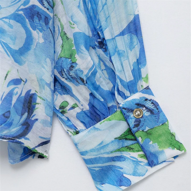 KEYANKETIAN 2025 wiosna nowa damska niebieska koszula z nadrukiem kwiatowym styl duszpasterski pojedyncze piersi z długim rękawem luźna szyfonowa bluzka Top