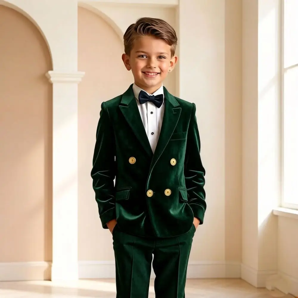 Boys Velvet Double Breasted 2 Pieces Tuxedo Gold Buttons Formal Wedding Prom Ring Bearer Flower Boy Party Wear 2026 Tailored