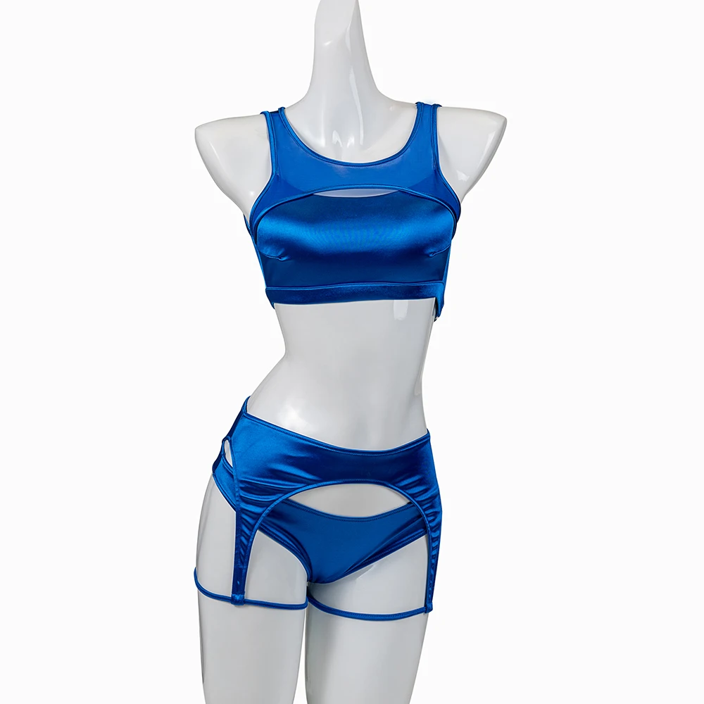 Hope&Win 2022 Newest Women\'s Pole Dance Wear Short Triangles And a Belt Imitating Suspenders Sexy Party Clubwear Blue Satin