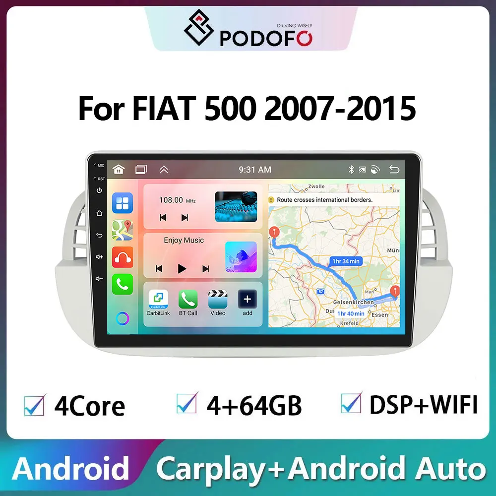 Podofo 2Din Android Car Radio Multimidia Video Player GPS Navigation 2din Carplay Auto Stereo Head Unit For FIAT 500 2007-2015