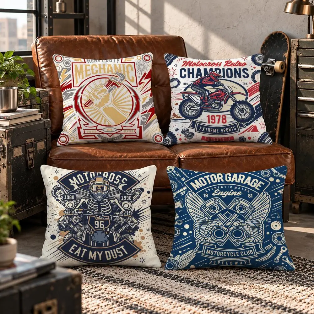 art Motorcycle Bike Badge Cushion Cover Short Plush Pillow Cover Soft Throw Cushion Case for Sofa Bedroom Home Decor Gift