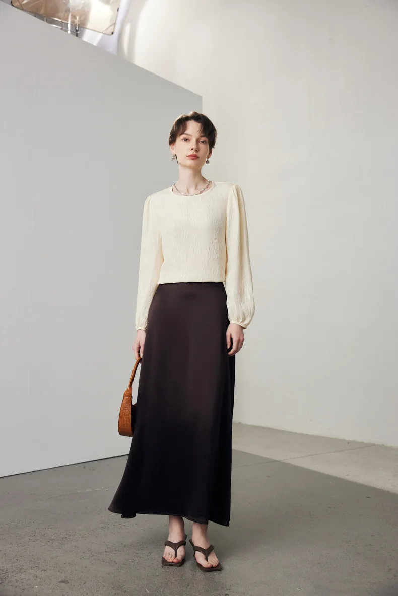 Women's Silk Dress O Neck Long Sleeves Dobby Elegant Fashion Pullover  Blouse Tops