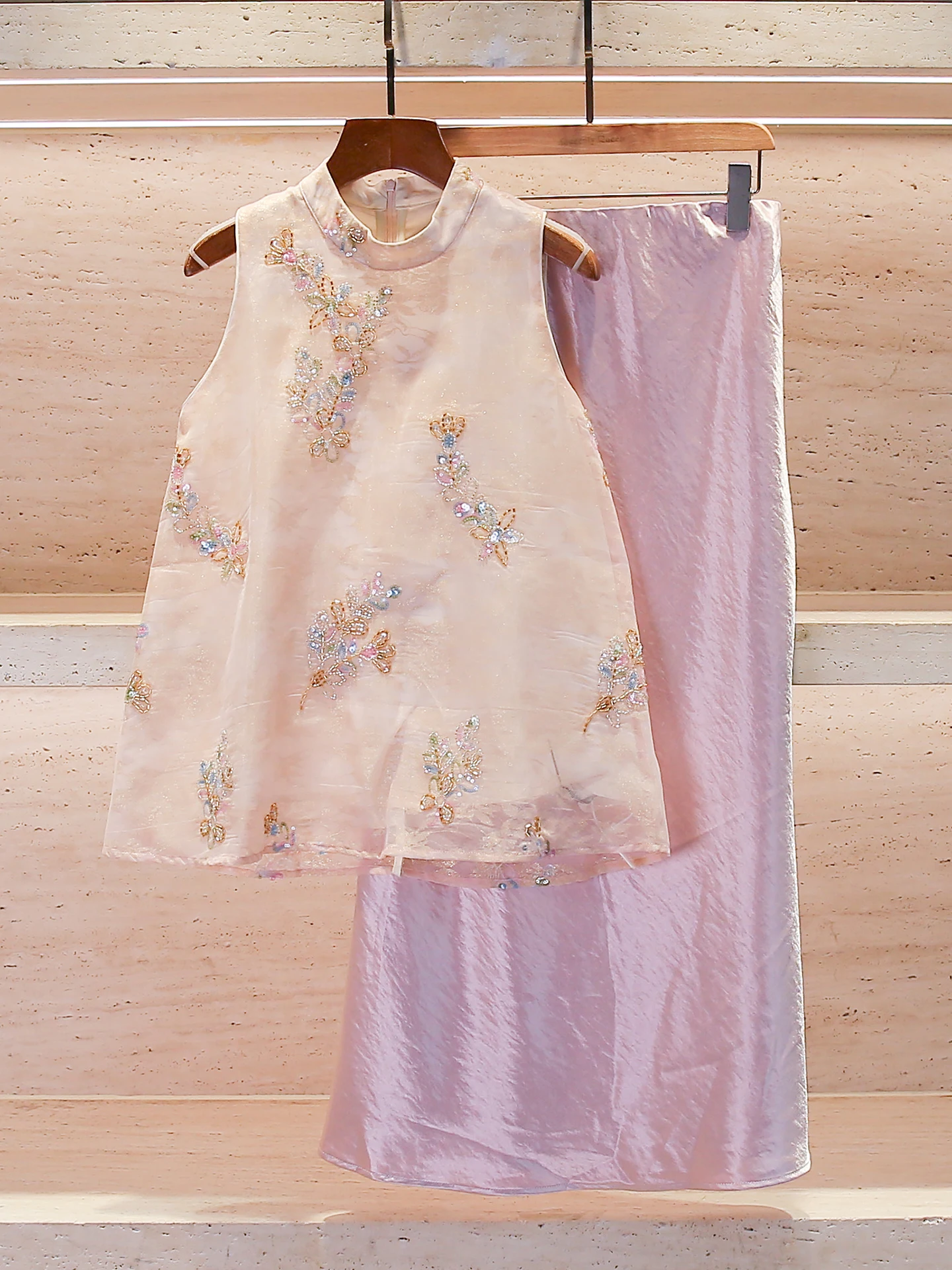 Sweet Shiny Vest Top And Skirt Set Women's High Waist Floral Pattern Fashionable Autumn Collection Polyester Fiber Casual Wear