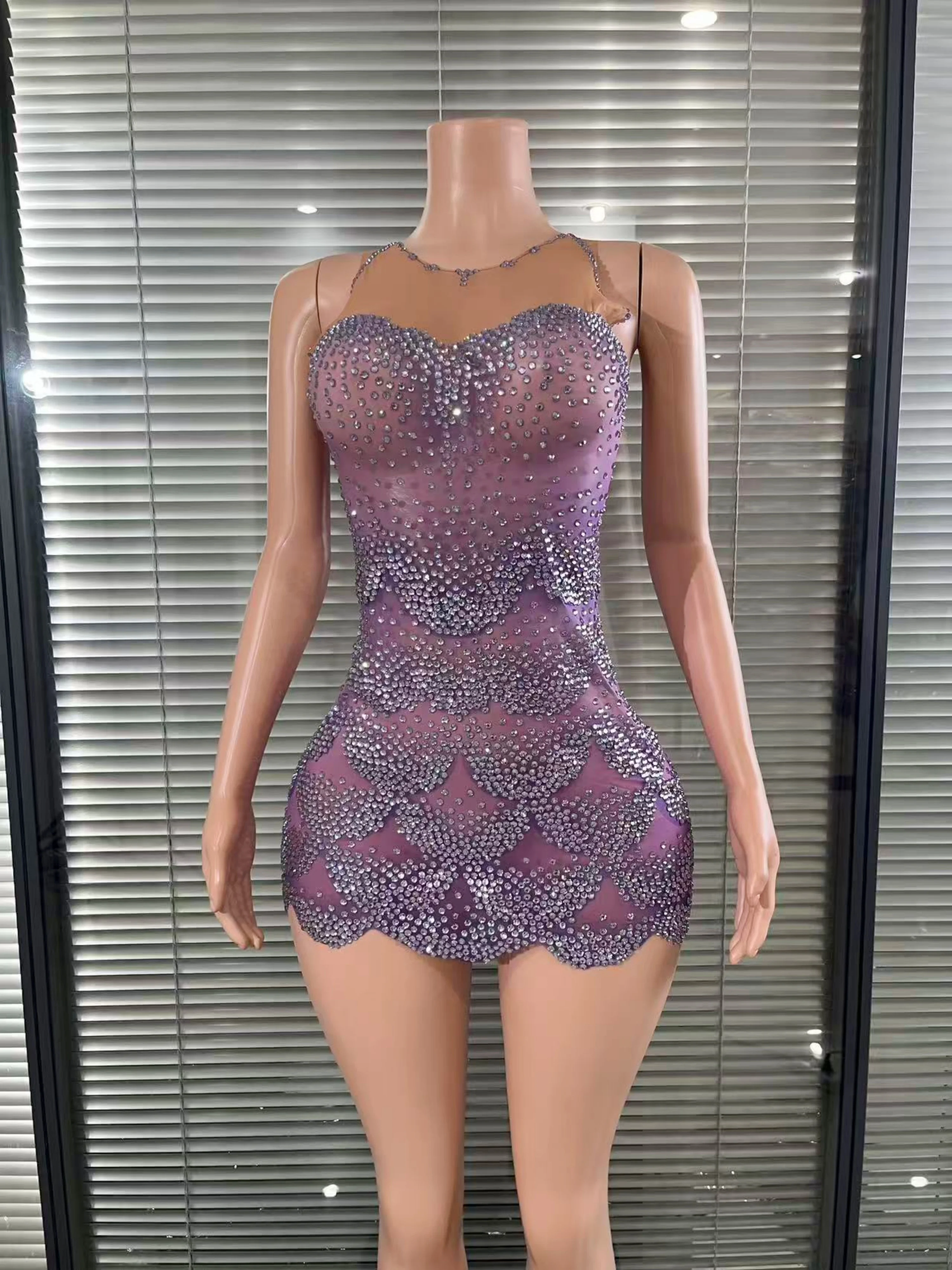 Alluring Purple Color Women Sexy Sleeveless Shinning Dimonds Bodycon Mini Dress Mesh See Through Birthday Party Stage Wear