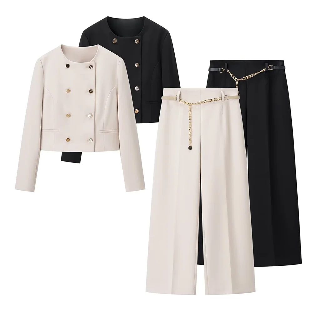 

New autumn and winter women's round neck double row buckle short style double breasted suit jacket mid waist pants