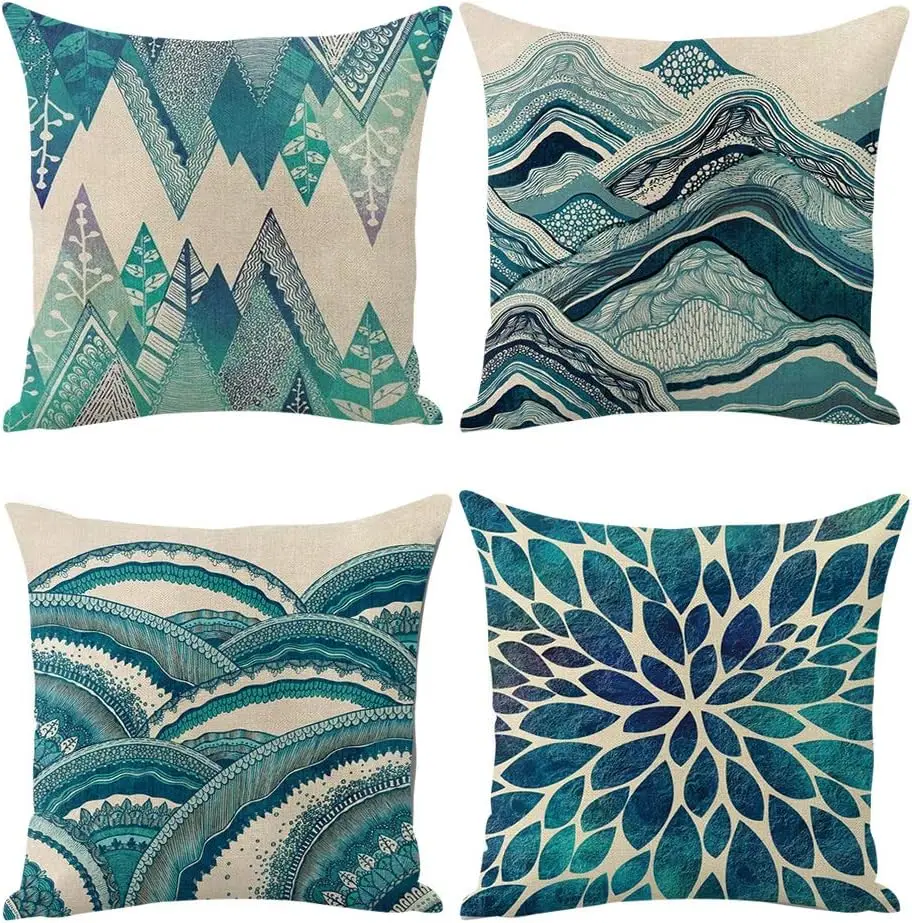 

Teal Throw Pillow Covers Bohemia Decorative Linen Cushion Case Tuquoise Coastal Cushion Covers Case for Sofa, Bed and Car