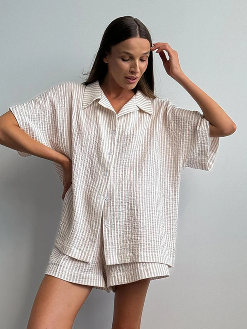 Marthaqiqi Cotton Ladies Pajama Set Half Sleeve Sleepwear Turn-Down Collar Nightgown Shorts Striped Casual Female Nightwear Suit