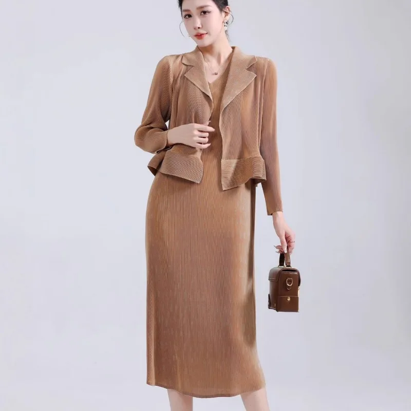 

Осенние модели Miyake, кардиган с длинными рукавами, топы, костюм, женский элегантный тонкий простой пригородный пиджак с длинными рукавами, платье, комплект из 2 предметов