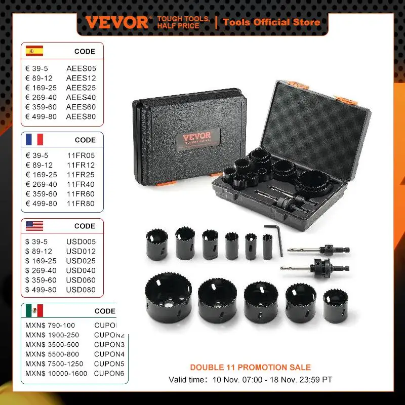 

VEVOR Hole Saw Kit 11/18 PCS Saw Blades 1 Hex Wrench Bi Metal M42 Hole Saw Set with Carrying Case General Purpose Size