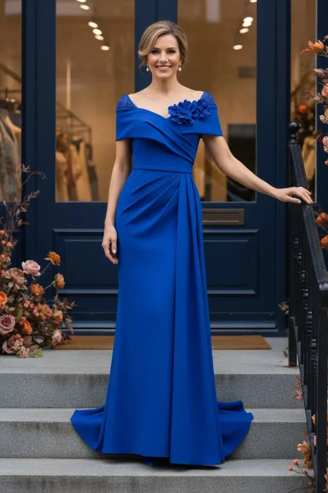 Customized Royal Blue Mermaid Evening Dress Off Shoulder Floral Applique Ruched Satin Formal Mother Of Bride Wedding Party Gown