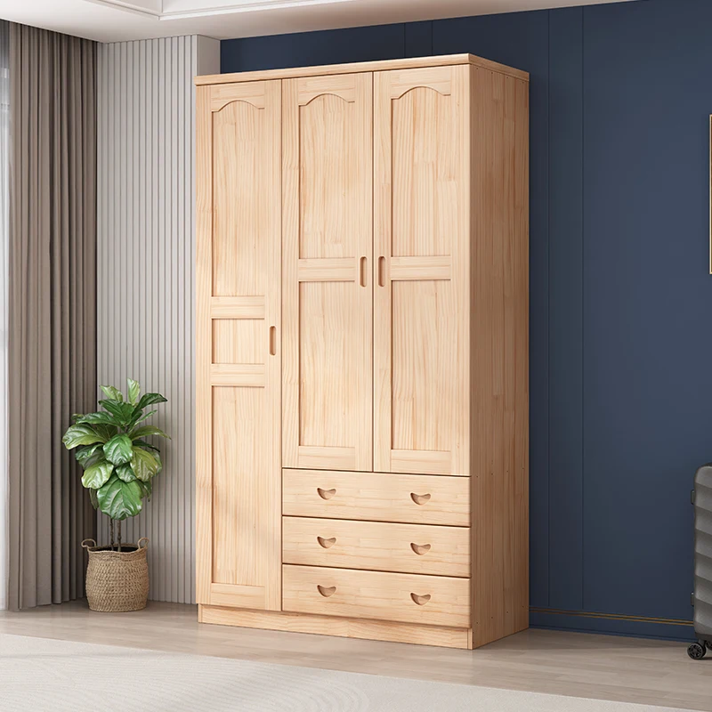 All solid wood wardrobe household bedroom log door simple modern small apartment e****mical children's pine wardrobe