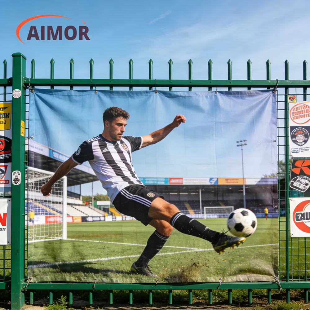 AIMOR-pancarta de vinilo de PVC personalizada, impresión publicitaria, valla impermeable, estadio, tela en aerosol para exteriores, logotipo DIY