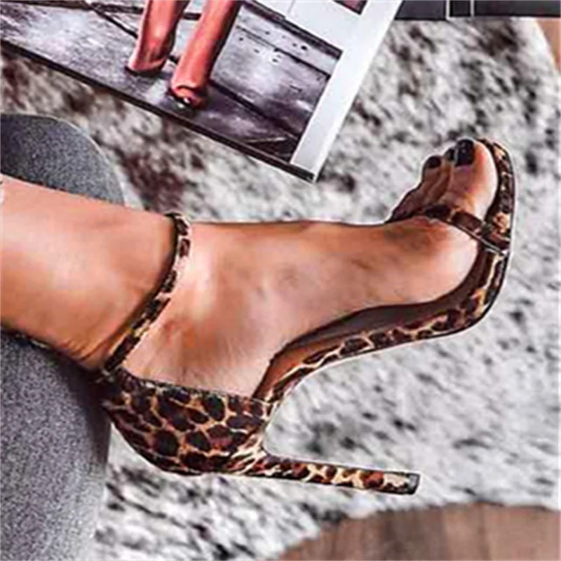 

Sexy Leopard Print High Heels Round Head Ankle Strap Stiletto Sandals Open Toe Roman Female Pumps Party Dress Shoes For Women