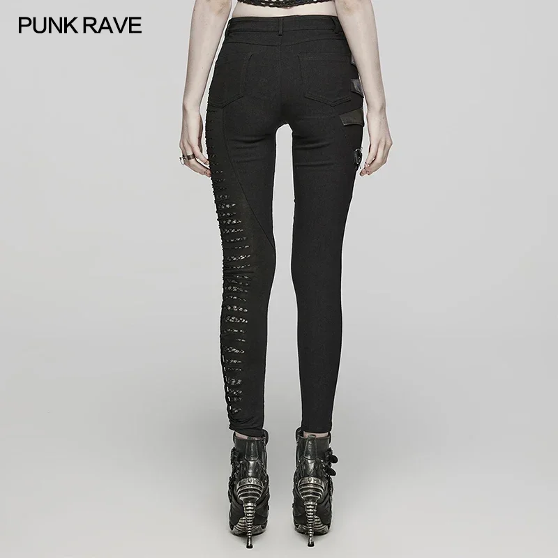 PUNK RAVE Women\'s Punk Recombined Asymmetric Pants Personality Irregular Slim Black Leggings Female Trousers Spring/Autumn