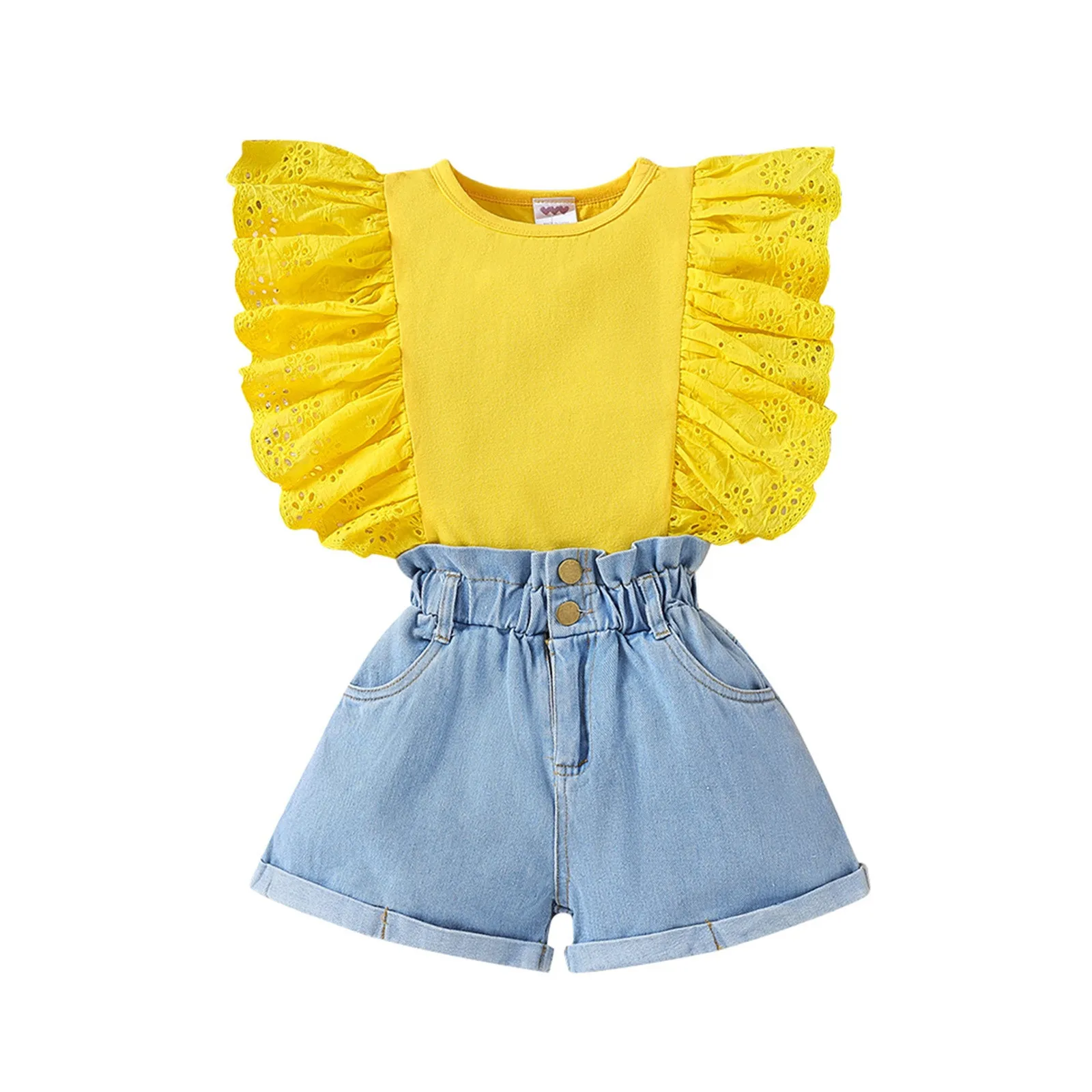 Kids Girls Clothes Set Summer Solid Cotton Ruffle Sleeveless Vest Jeans Shorts Outfits Children Clothing Girl 5 6 7 8 9 10 Years