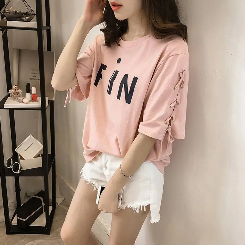 Tops Clothes T Shirt Casual Korean Short Sleeve Fashion Women\'s T-shirt Summer Aesthetic Lace Loose Aesthetic Pulovers Graphic