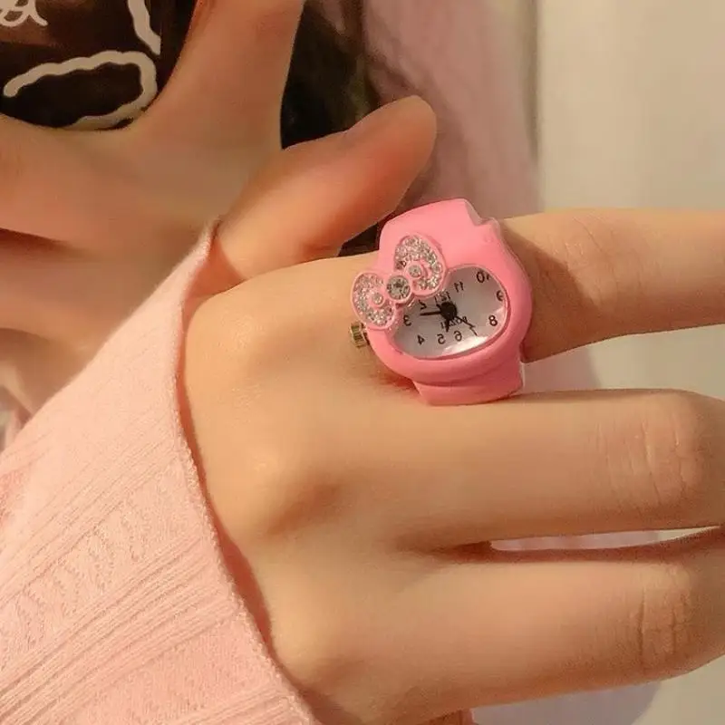 Hello Kitty Kawaii Clock Ring Bow Water Diamond Cute Simple Fashionable Unique Ring Versatile Colorful Ring Watch Exquisite Gift