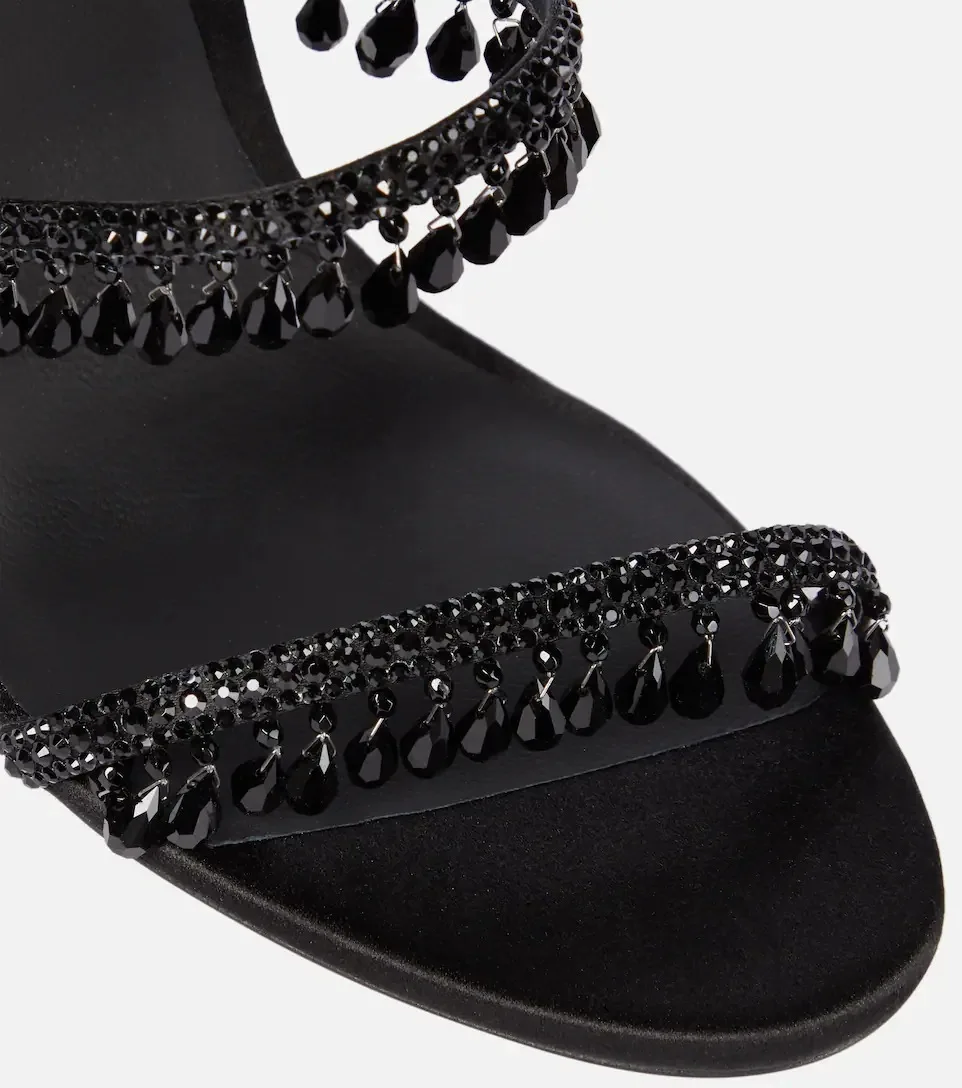 Women's Black Crystal Fringe Stiletto Sandals New Glitter Heels Wrap Around Ankle Strap Party Dress Shoes Nightclub High Heels image 6