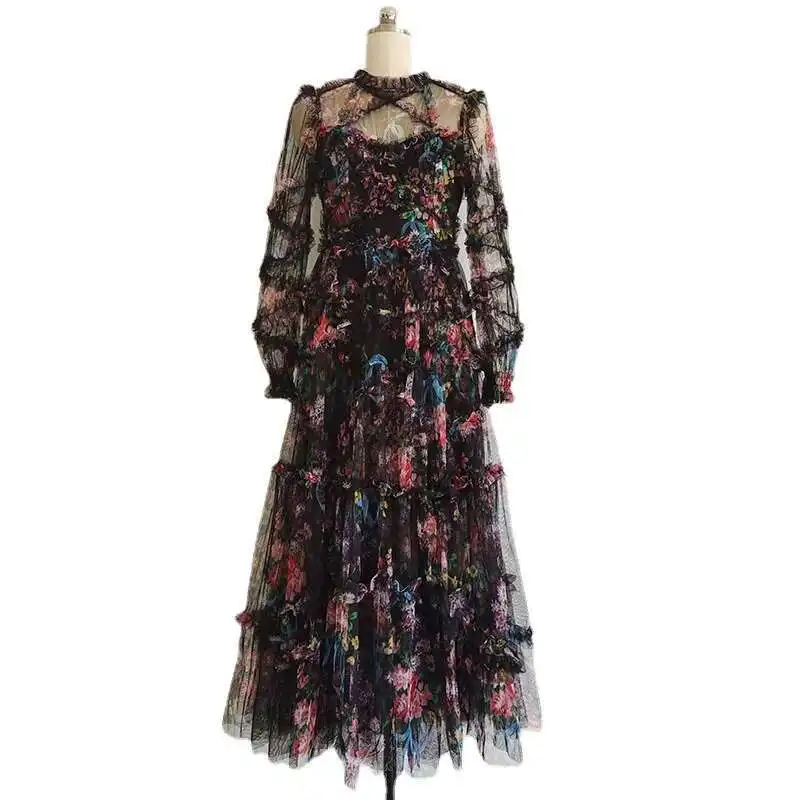 

Formal Luxury Evening Dress Women Summer Holiday Floral Maxi Prom Dresses Long Sleeve See Through Mesh Tulle Ruffle Cake Vestido