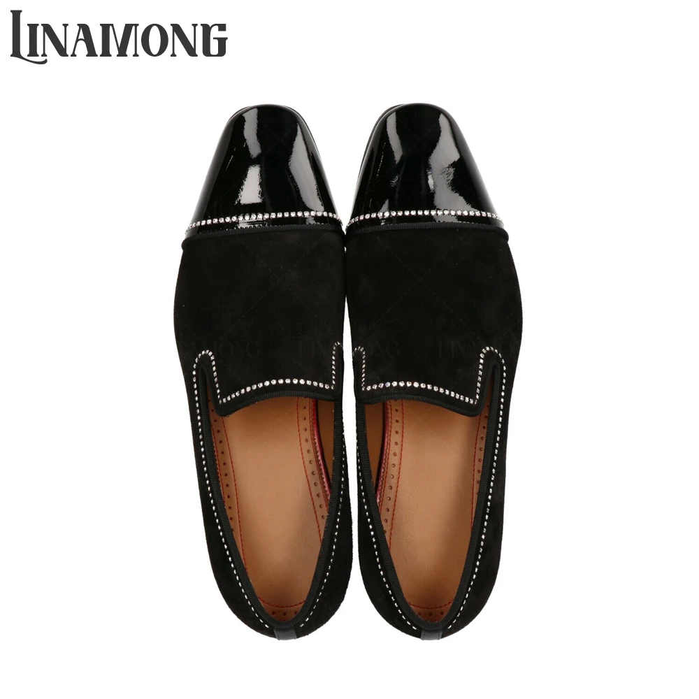 Velvet and Patent Leather Rivet Loafers Crystal Line Dress Shoes Multicolor Suede Patent Leather Rhinestone Flat Loafers for Men