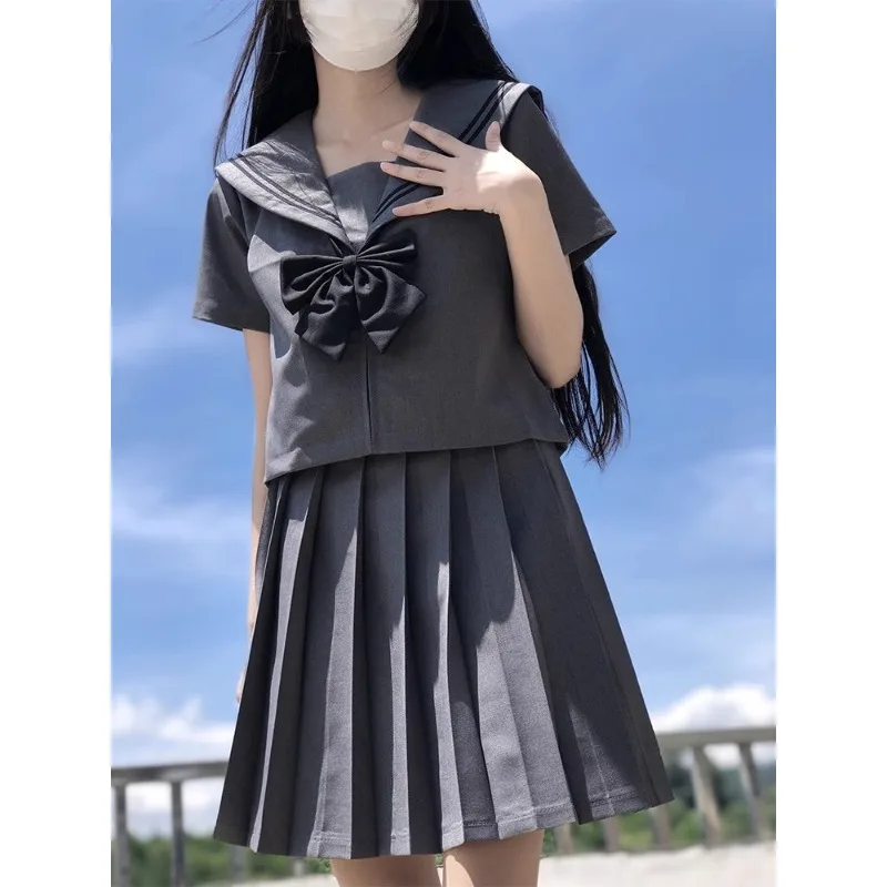 New Basic Jk Tow-Lines Grey Sailor suits Japanese School uniforms Graduation clothes Pleated Skirt Fuku Anime Cos Costumes Women