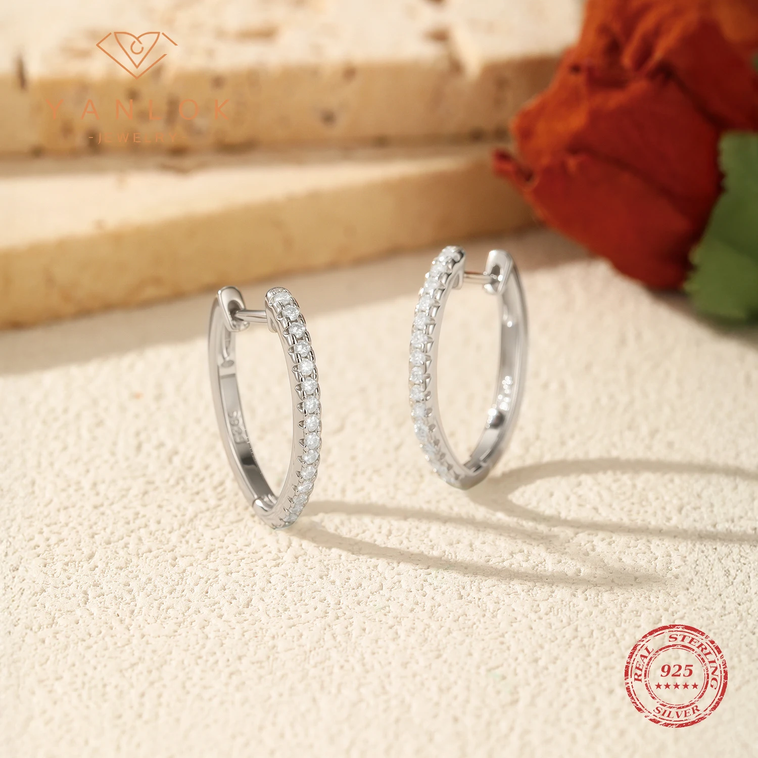 YANLOK 25 Sterling Silver Classic Geometric Ear Buckle Sparkling D Color Moissanite Hoop Earrings For Women Fine Jewelry