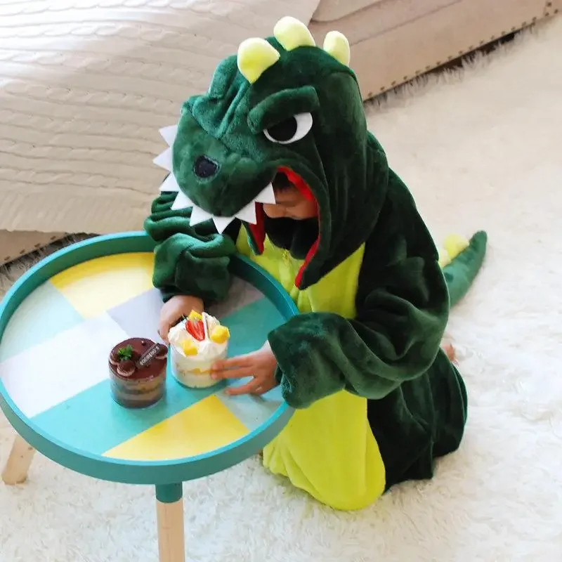 Kids Onesies Boys Girls Green Dinosaur Pajamas Flannel Sleepwear Nightwear Animal Cosplay Costume Halloween Party Funny Outfits